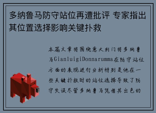 多纳鲁马防守站位再遭批评 专家指出其位置选择影响关键扑救